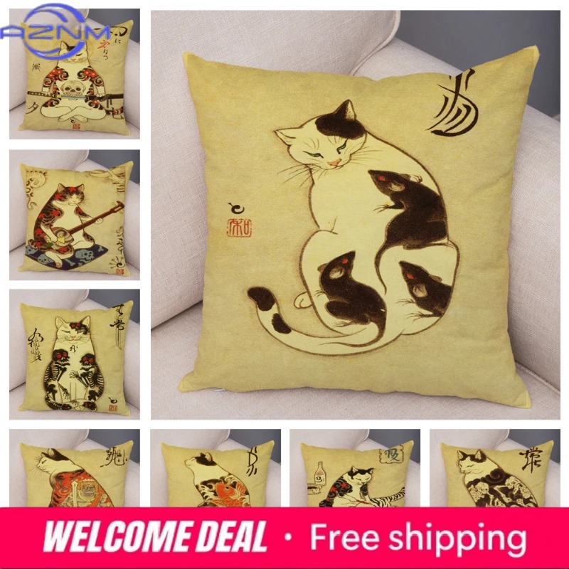 Japanese Home Textiles - 빈티지 일본 사무라이 고양이 문신 쿠션