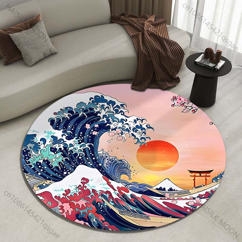 레트로 일본 가나가와 파도 프린트 라운드 카펫, 거실  - Japanese Home Textiles 리뷰 및 가격