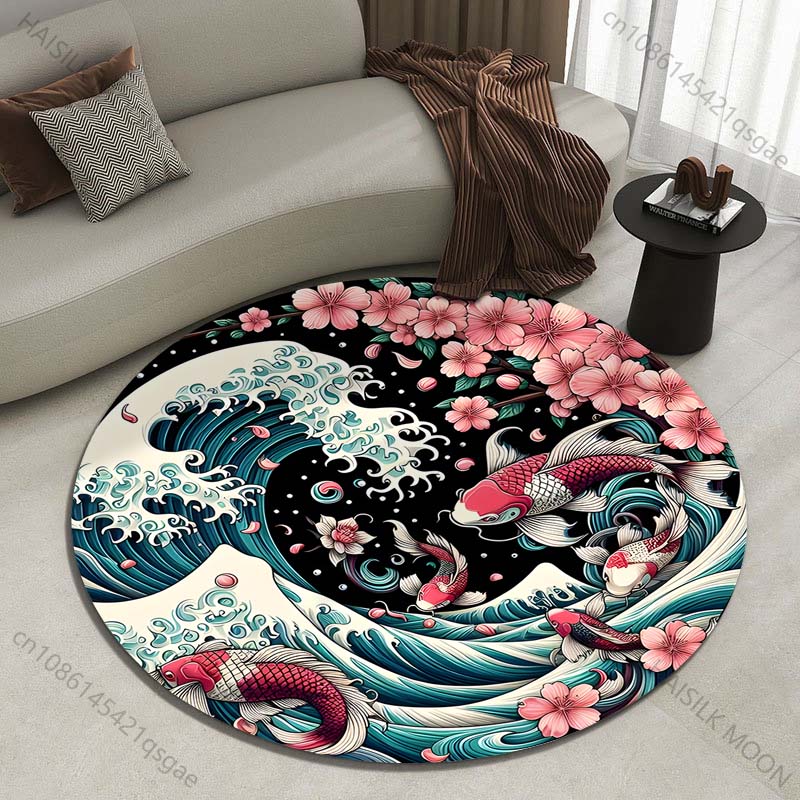 레트로 일본 가나가와 파도 프린트 라운드 카펫, 거실  - Japanese Home Textiles 리뷰 및 가격