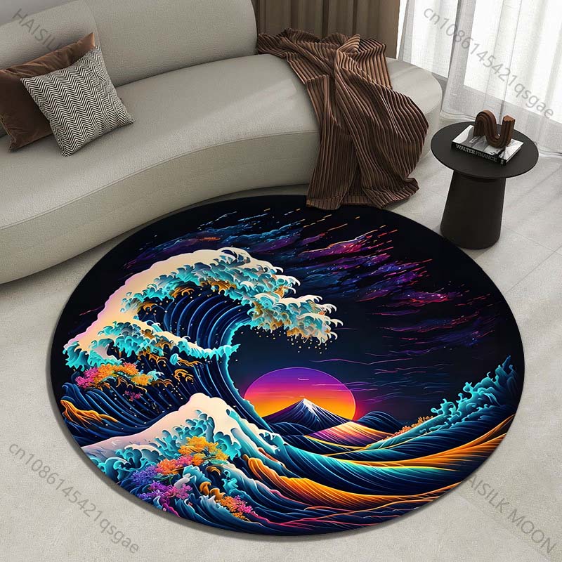 레트로 일본 가나가와 파도 프린트 라운드 카펫, 거실  - Japanese Home Textiles 리뷰 및 가격