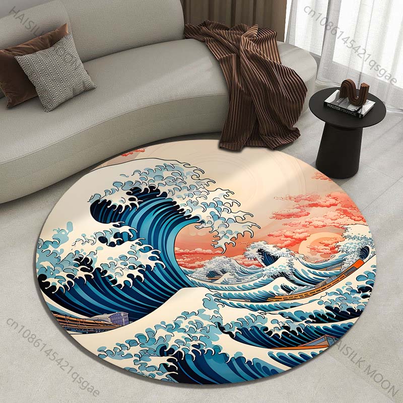 레트로 일본 가나가와 파도 프린트 라운드 카펫, 거실  - Japanese Home Textiles 리뷰 및 가격